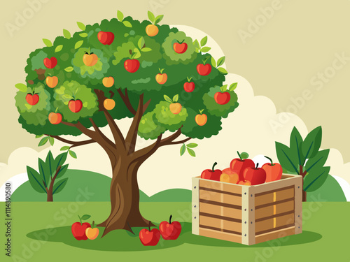 A tree heavy with apples, with a wooden crate filled with freshly picked frui