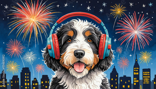 A cartoon style Bernedoodle dog wears headphones to shield its ears from the loud fireworks in the background, showcasing a caring approach to keeping pets calm during celebrations.