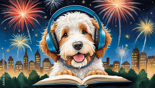 A cartoon style Bernedoodle dog wears headphones to shield its ears from the loud fireworks in the background, showcasing a caring approach to keeping pets calm during celebrations.