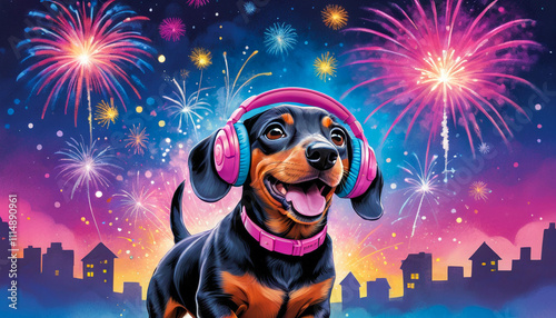 A cartoon style Dachshound dog wears headphones to shield its ears from the loud fireworks in the background, showcasing a caring approach to keeping pets calm during celebrations.