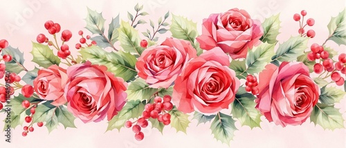 Beautiful and festive watercolor artwork of a Christmas bouquet with holly leaves and red roses, bouquet, red roses, decoration