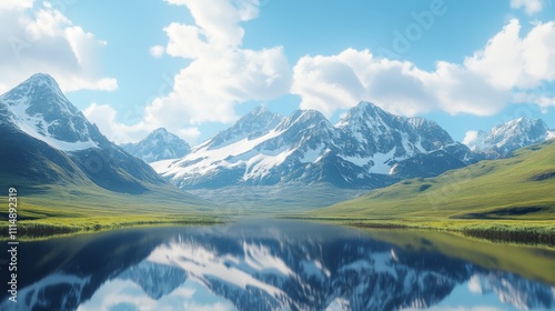 Panoramic view of majestic snow-capped peaks with a pristine alpine lake reflecting the mountains in the foreground 