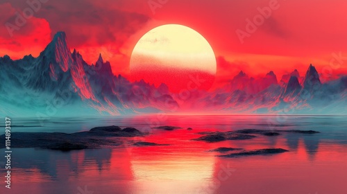 Vibrant Sunset Over Surreal Mountain Landscape With Reflective Waters
