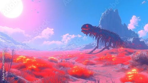 Surreal Dinosaur Skeleton Landscape Under Bright Blue and Pink Sky