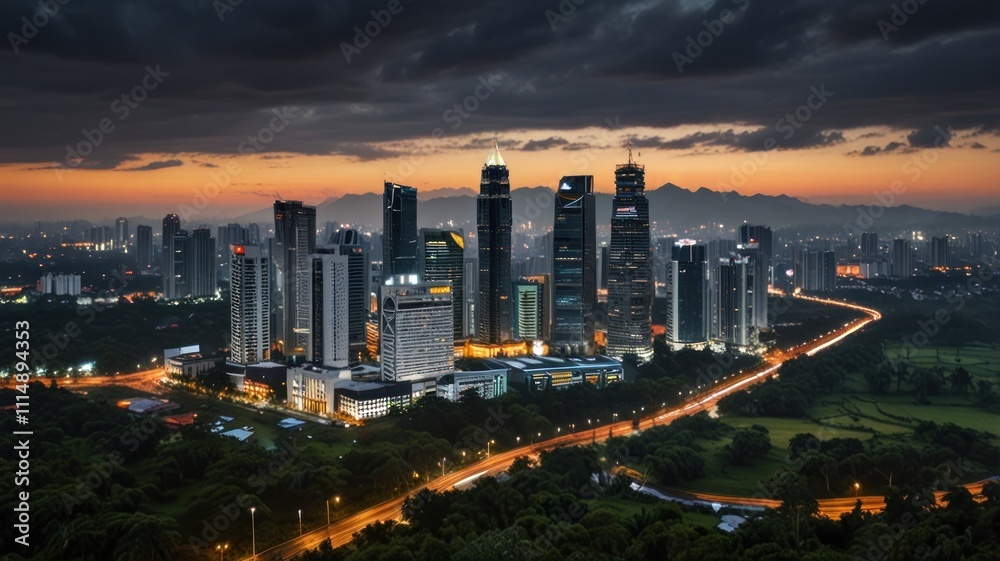 Fototapeta premium Dramatic sunset cityscape with modern skyscrapers, highways, and lush greenery.