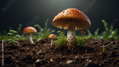  Close-up of vibrant red toadstools emerging from dark soil.