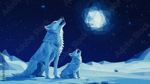 Arctic Howl: Low Poly Wolf Family Under the Moon 