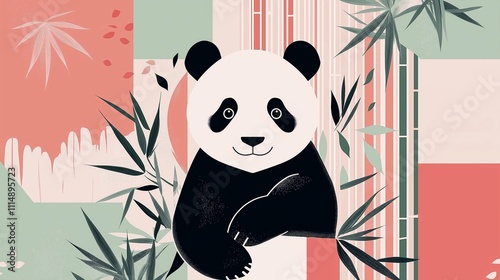 Peaceful Panda: Adorable panda bear with a relaxed and gentle expression.  Enclosed by lush bamboo and a vibrant abstract background, evoking a sense of tranquility and nature.