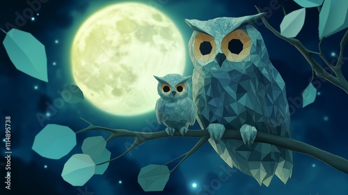 Night Owl Family:  A low-poly owl family, composed of an adult and a owlet, perched together on a branch beneath a luminous full moon, evokes a sense of serenity and wonder.  