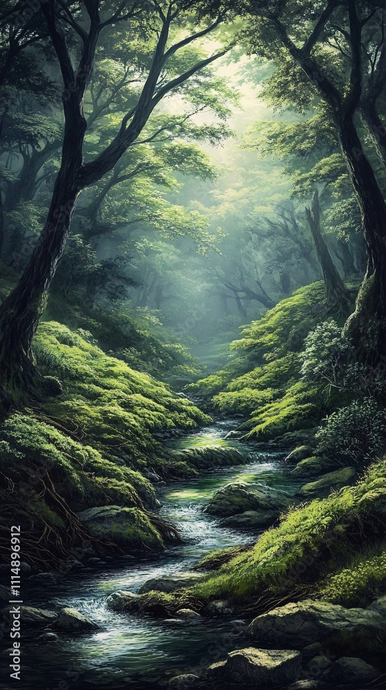 Fototapeta premium Japanese Surgicare native forest with dramatic atmosphere and relaxing tones. Wellness 