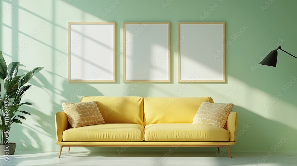 Fototapeta premium Minimalist Living Room with Yellow Sofa and Green Wall
