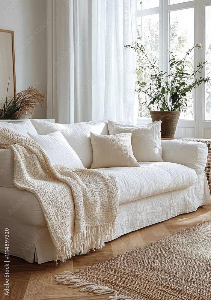 Fototapeta premium Bright and Airy Scandinavian Living Room with White Sofa and Natural Lighting