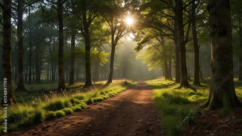 Sunlit path through misty, green forest. Sunlit path through misty, green forest.