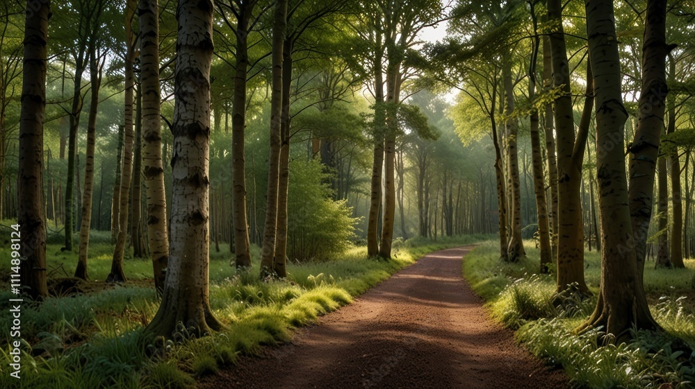 Fototapeta premium Sunlit path through lush green forest.