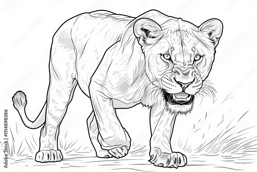 Obraz premium A fierce lioness prowls through the tall grass, showcasing her majestic presence and sharp features.