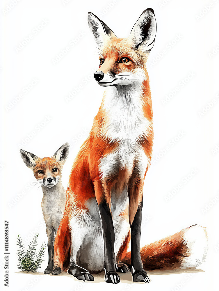 Fototapeta premium Adult and baby fox watercolour clipart