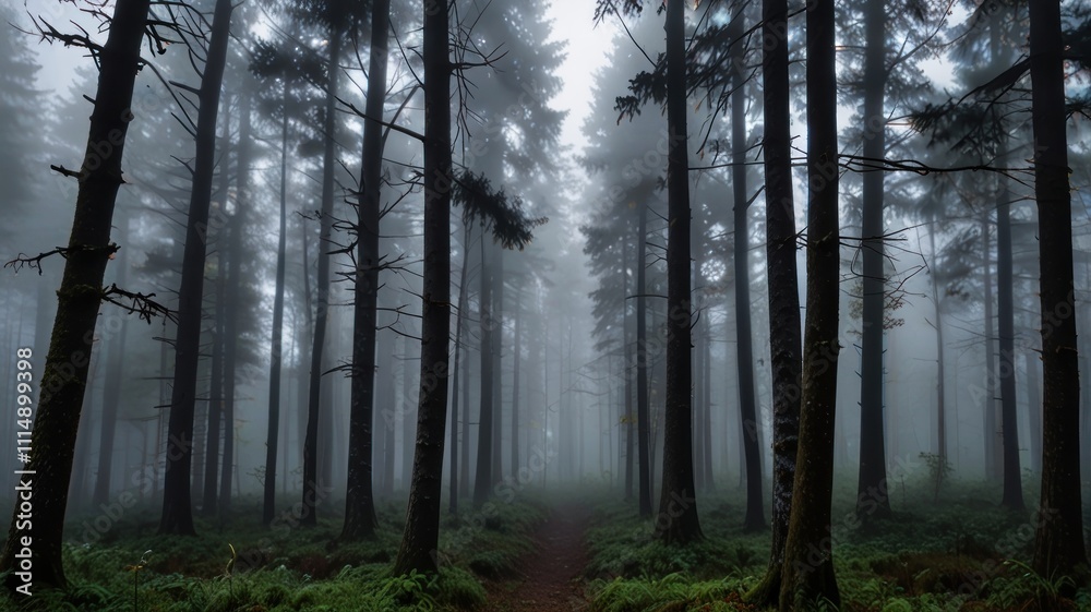 Obraz premium Misty forest path with tall trees.
