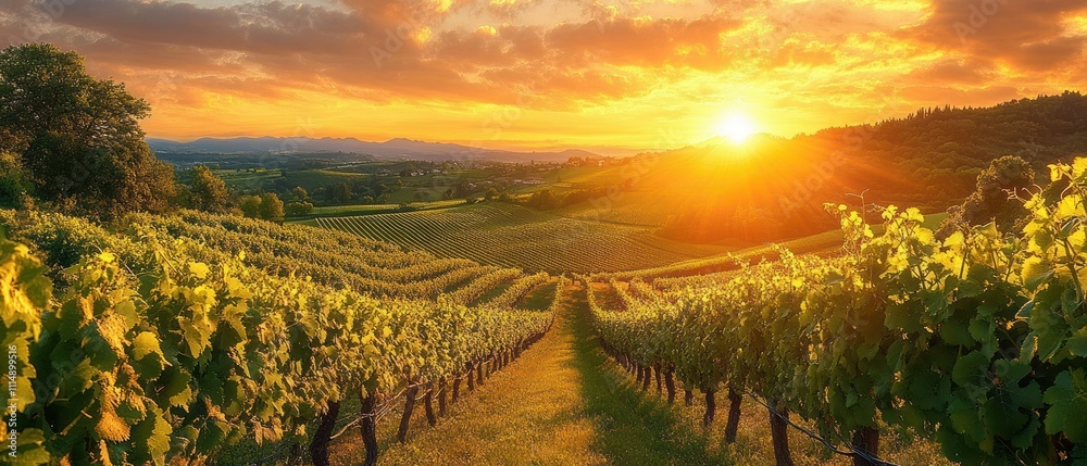 Naklejka premium Vineyard Landscape at Sunset Golden Rays Lush Green Grape Vines Dramatic Shadows Panoramic View