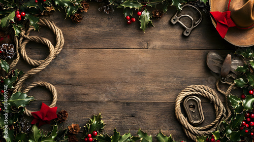 Christmas cowboy border with blank space in the center, decorated with ropes, horseshoes, and holly berries on a rustic wood background4k image photo