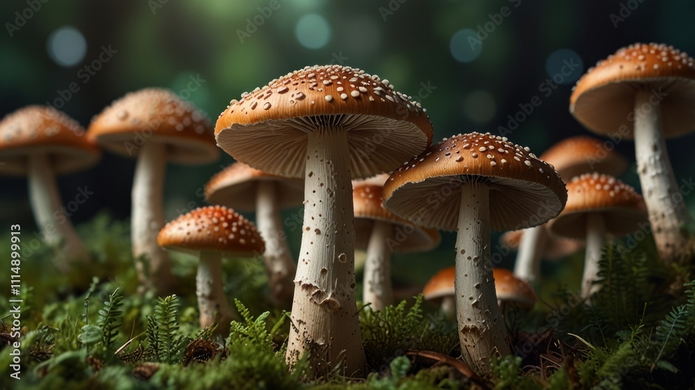 Cluster of speckled brown mushrooms growing in lush green moss. Cluster of speckled brown mushrooms growing in lush green moss.