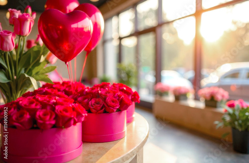 A flower shop filled with red roses is perfect for celebrating Valentine's Day..The open space in the store creates a romantic and cozy atmosphere for buying flowers photo