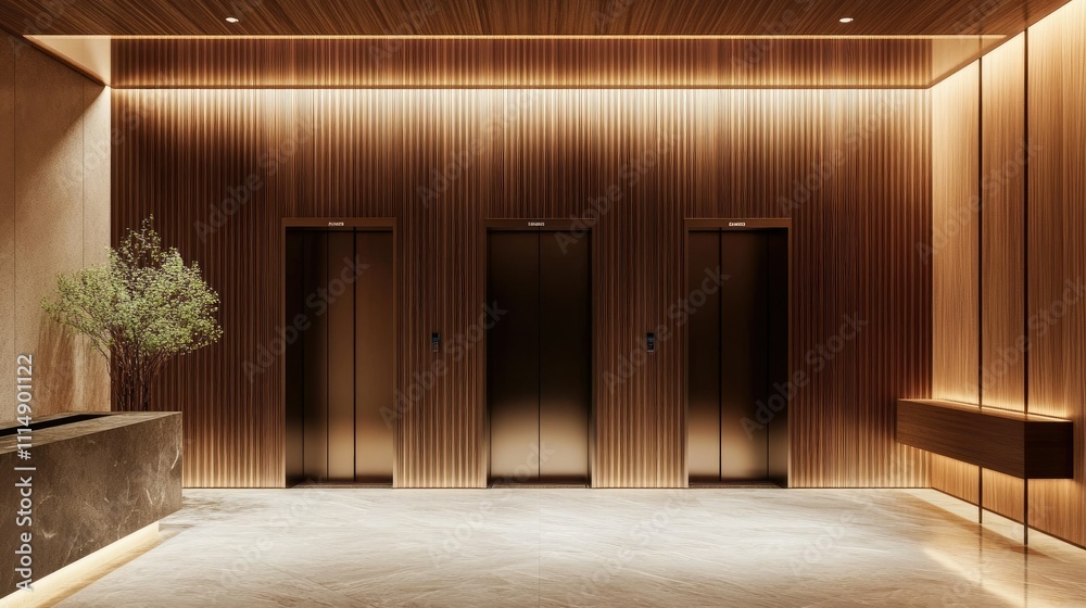 Fototapeta premium A contemporary elevator lobby featuring three sleek, stylish elevators against a warm wooden wall, designed for efficiency and aesthetics in transport.