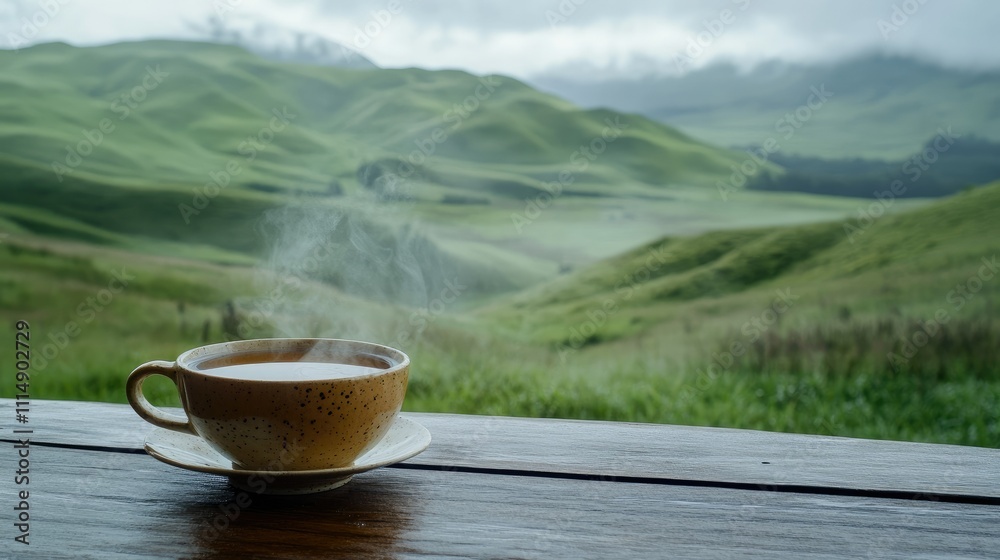 A hot cup of tea releasing steam, placed on a wooden table, with expansive green hills in the distance. A hot cup of tea releasing steam, placed on a wooden table, with expansive green hills in the distance.