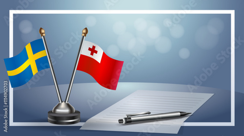 Sweden and Tonga Small national flag on bokeh background, cooperative relationship