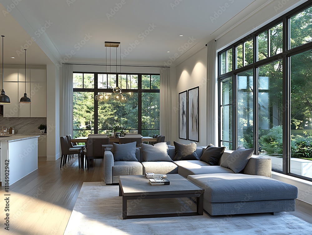 Fototapeta premium Modern Elegance: A Contemporary Living Room with Sophisticated Accents