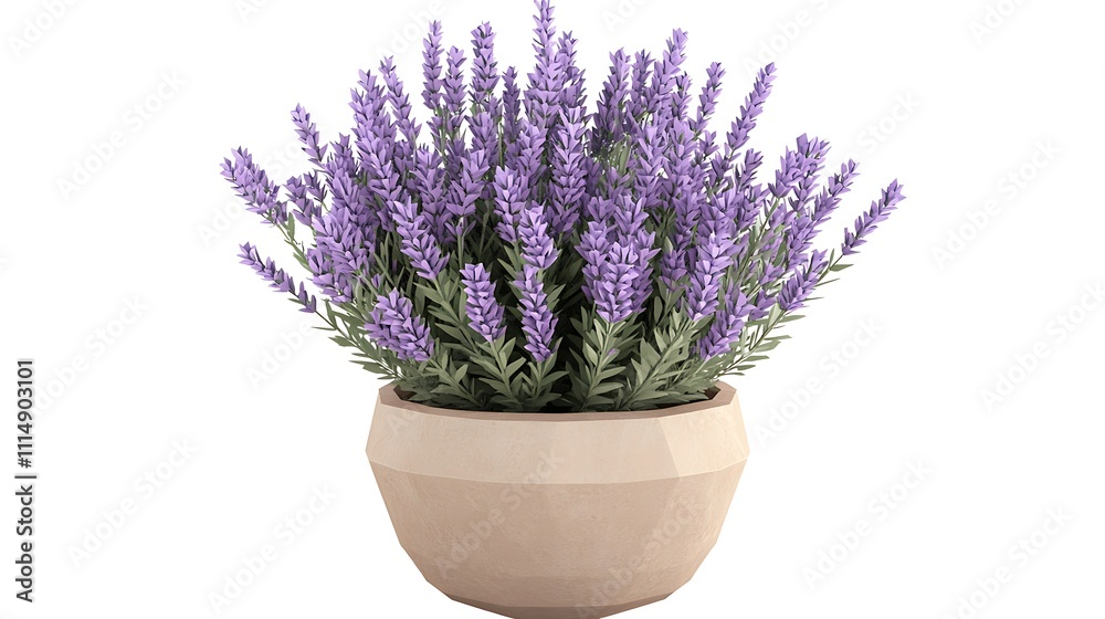 Fototapeta premium A decorative lavender plant in a modern pot, ideal for home decor and ambiance.