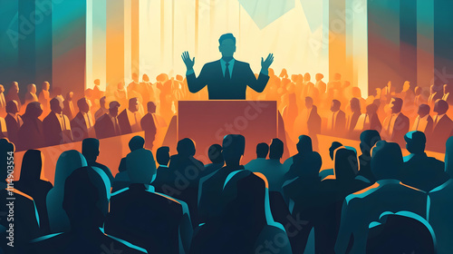 High-definition illustration of a leader giving a speech with hands raised, capturing the attention of an engaged audience in a large corporate hall