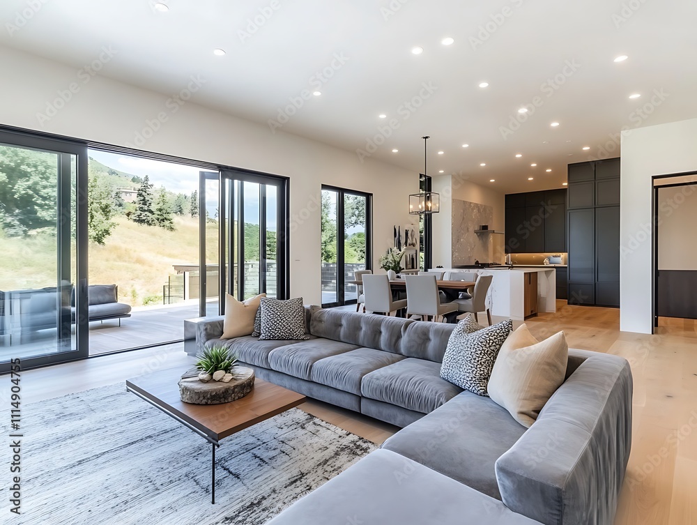 Fototapeta premium Modern Elegance: A Contemporary Living Room with Sophisticated Accents
