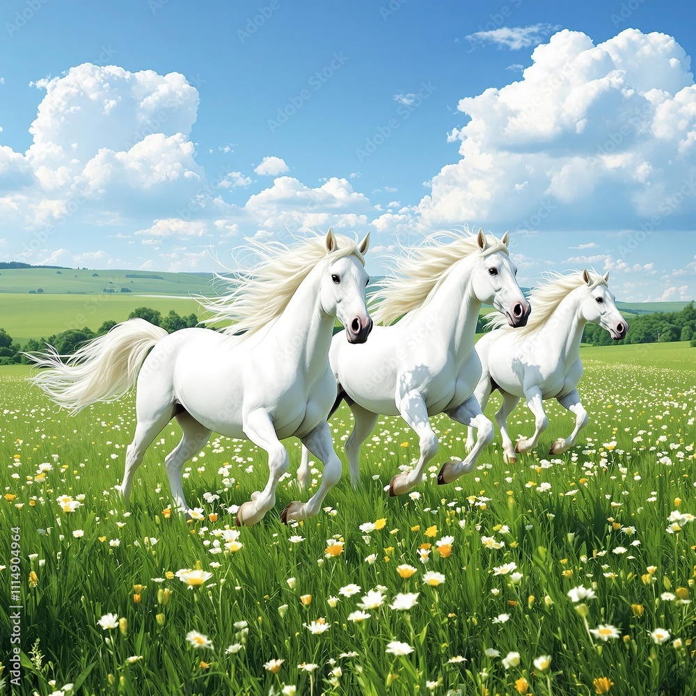 Obraz premium Beautiful white horses galloping freely in a picturesque meadow filled with vibrant greenery, wild, rural, trees, field, flora