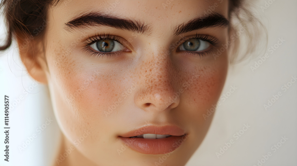 Naklejka premium A close-up of a woman with minimal makeup, focusing on radiant, healthy skin