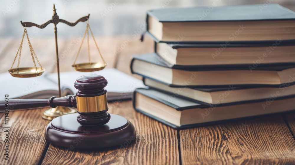 A gavel and scales of justice rest beside stacked legal books on a wooden table, symbolizing law and order in a professional setting. A gavel and scales of justice rest beside stacked legal books on a wooden table, symbolizing law and order in a professional setting.