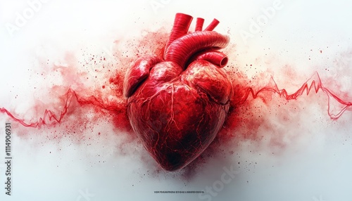 Detailed Anatomical Illustration of Human Heart with Clogged Arteries and ECG Line Background photo