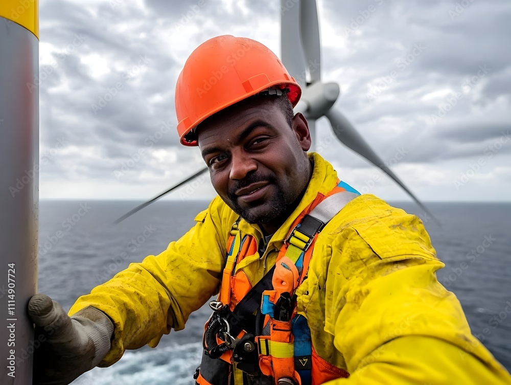 Rugged and Robust Industrial Worker in Safety Gear Inspecting and Maintaining an Offshore Wind Turbine Surrounded by the Expansive Open Ocean Moody Overcast Skies with Scattered Sunbeams Rugged and Robust Industrial Worker in Safety Gear Inspecting and Maintaining an Offshore Wind Turbine Surrounded by the Expansive Open Ocean Moody Overcast Skies with Scattered Sunbeams