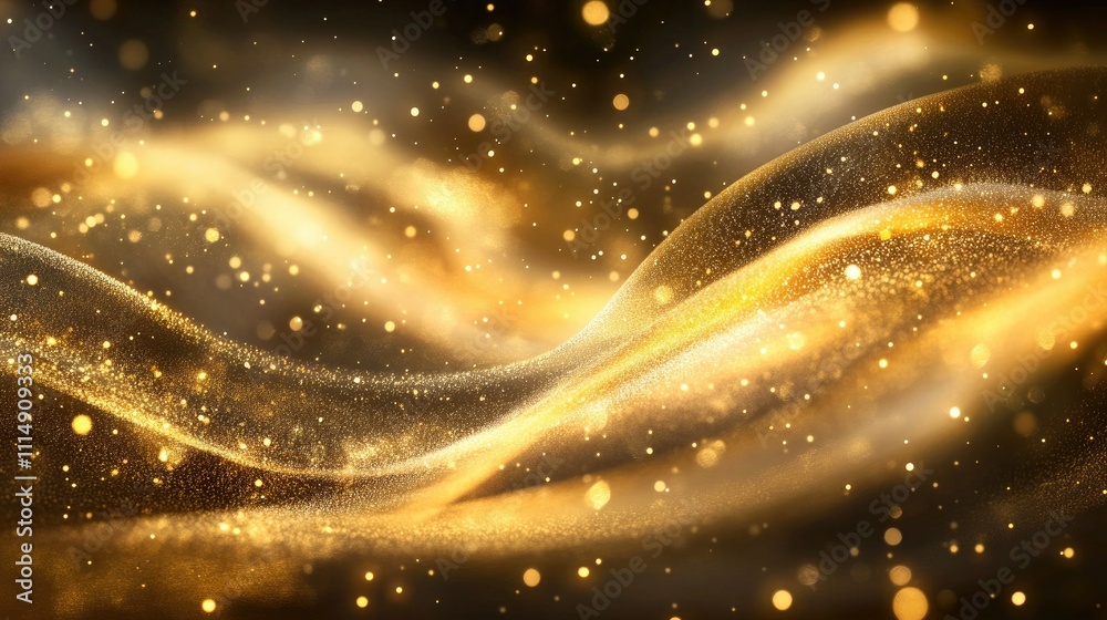 Obraz premium Flowing golden waves with glittering particles, adding texture and depth to a visually dynamic, abstract composition.