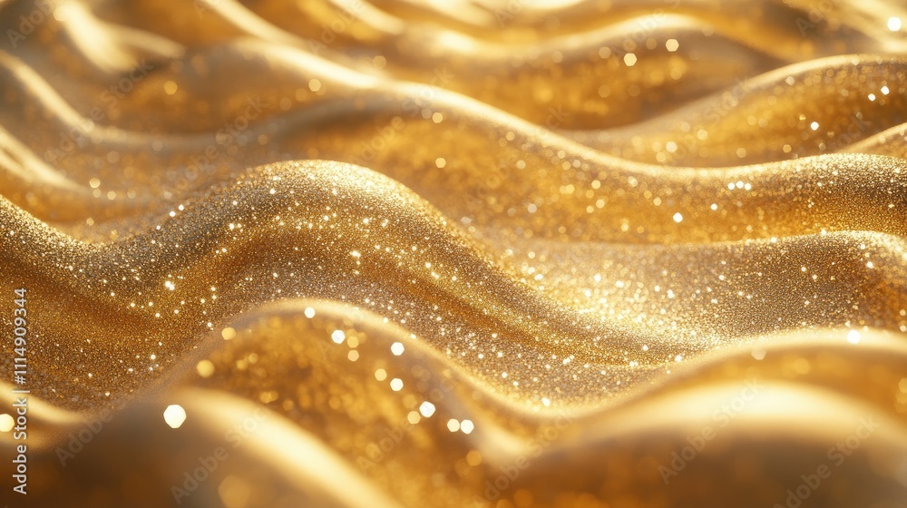 Flowing golden waves with glittering particles, adding texture and depth to a visually dynamic, abstract composition.