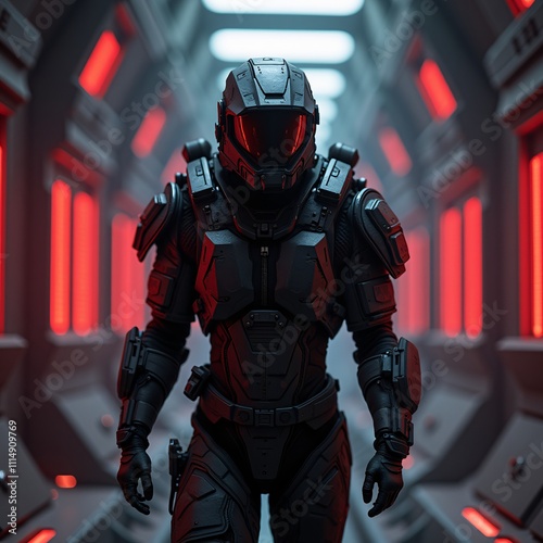 A lone future warrior in stealth mode, wearing black adaptive camouflage armor, infiltrating a high-tech enemy base illuminated by red lasers.