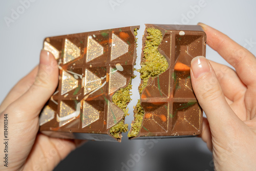 Close up of famous Dubai chocolate with pistachio, tahini and kadaif broken in woman's hands. Confectionery handmade sweets, chocolatier