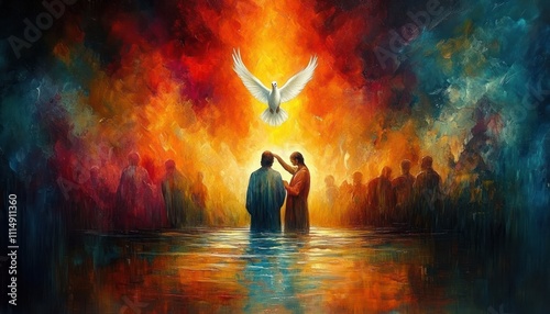 Baptism of Jesus by John the Baptist with Holy Spirit Dove in Colorful Impressionistic Flames and Light