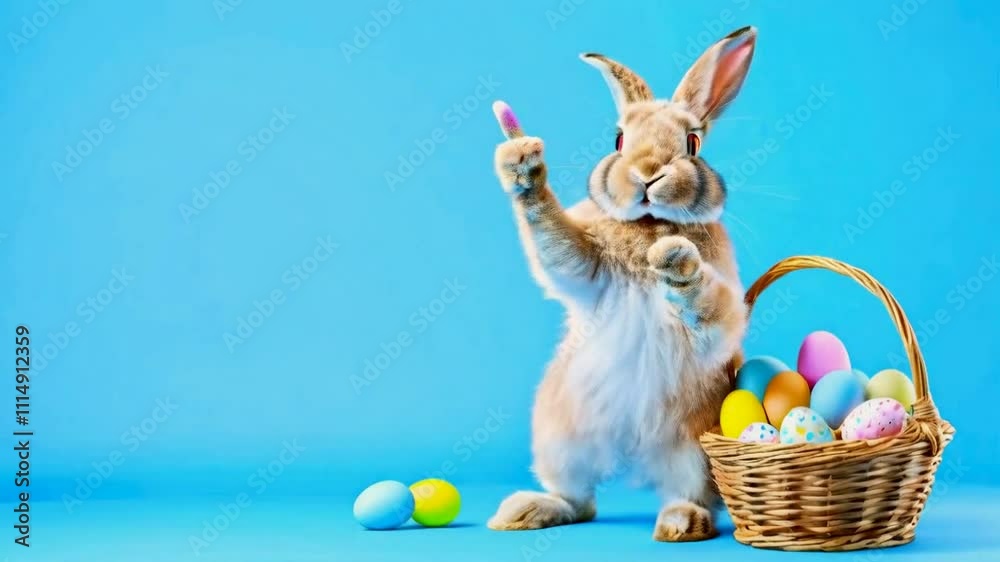 Easter Rabbit Clapping Easter bunny or rabbit or hare with basket of colored eggs, shows thumb ...