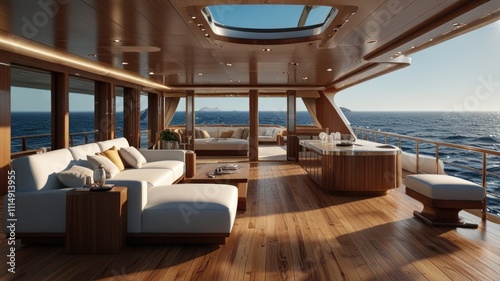 Luxurious yacht interior spacious main deck lounge with hardwood floors, white sofas, and ocean views.