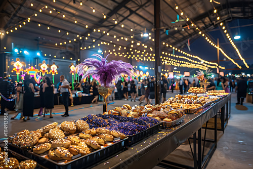 mardi gras celebration, during a spirited mardi gras night, a table overflows with king cakes, snacks, and revelers dancing to lively music photo