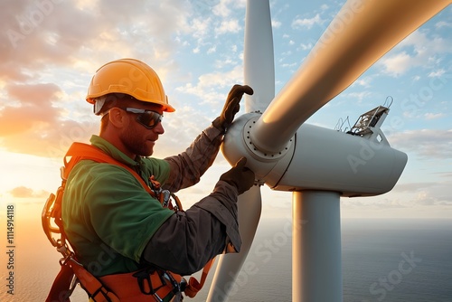 Diligent wind farm technician in safety harness ascending offshore wind turbine nacelle performing methodical system diagnostics and maintenance on the renewable energy infrastructure in a dramatic