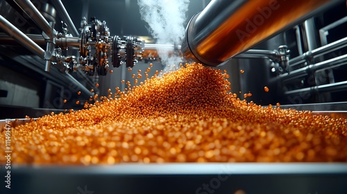 Freshly hopped wort being gently transferred to fermentation tanks with a copper hued liquid sloshing and steam rising in wisps against an intricate backdrop of pipes valves and the moody photo