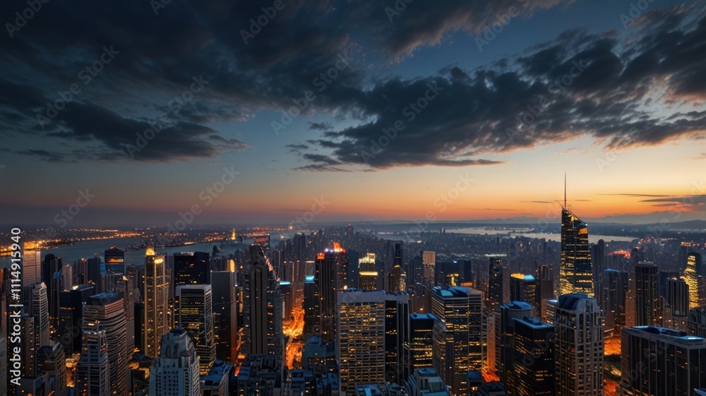 Obraz premium Dramatic sunset over illuminated cityscape at twilight.