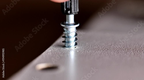 Screwing in a screw close-up.The drill screws a metal screw into a wooden board.construction and carpentry work. Furniture assembly stage. 4k footage