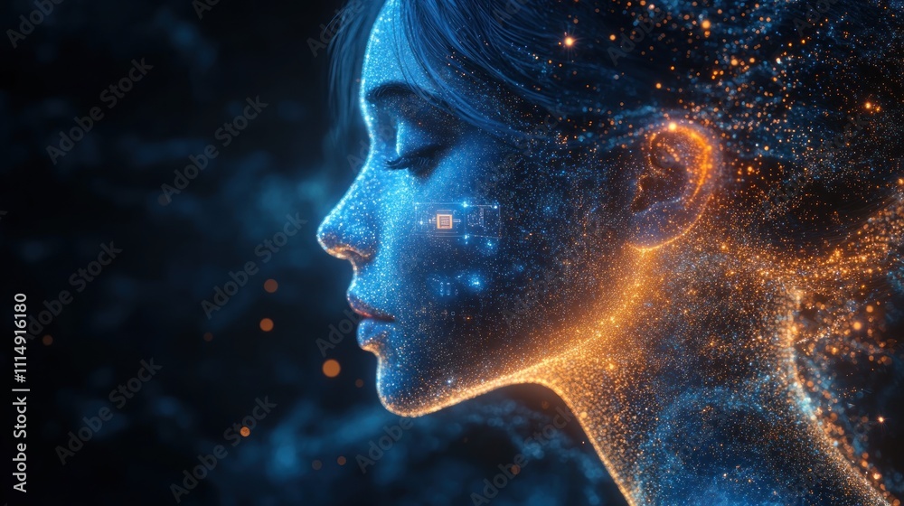 Serene digital portrait of a woman, composed of glowing particles, in profile view. Serene digital portrait of a woman, composed of glowing particles, in profile view.